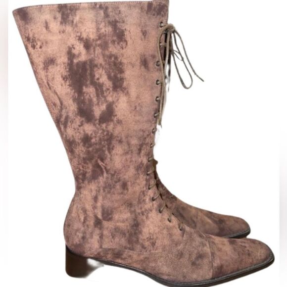 Flavio Zanasca Brown Suede Leather Lace Up Heeled Italian Designer Boots 8.5 - Picture 4 of 11